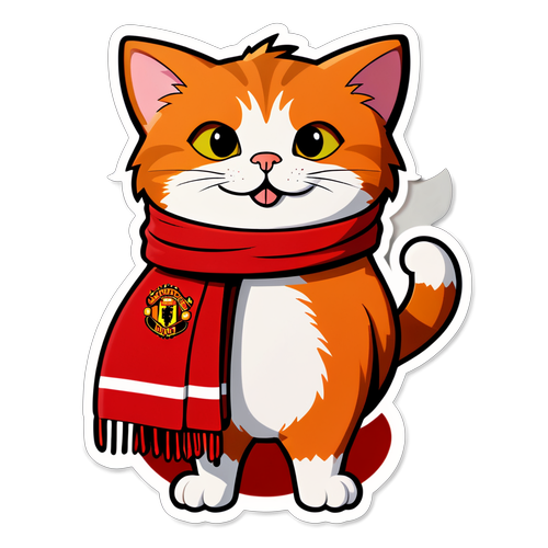 Divertida ilustración de un gato animado con una bufanda del Manchester United