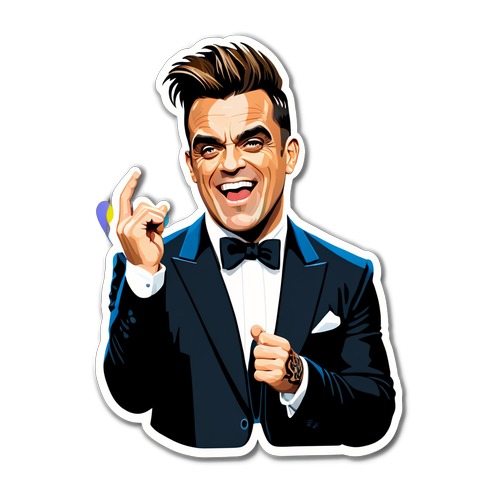 Autocollant de Robbie Williams sur scène avec des éléments de lumière et de musique