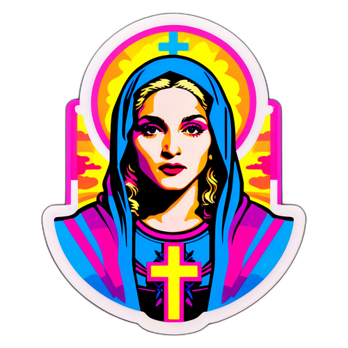 Madonna w stylu artystycznym z charakterystycznym krzyżem w stylu lat 80-tych z neonowymi kolorami