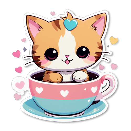 Kawaii-Style Cat in Teacup Sticker