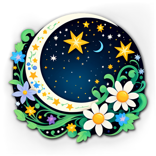 Crescent Moon and Stars with Vines and Flowers Sticker