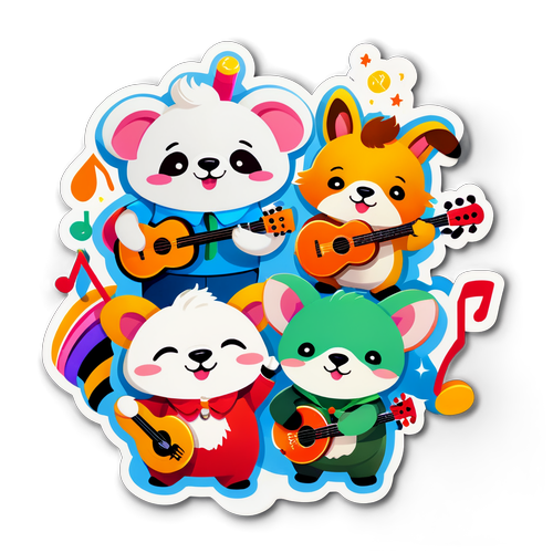 Un autocollant de Mastantuono représentant des animaux mignons jouant de la musique ensemble