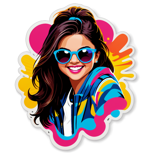 Autocollant de Selena Gomez avec lunettes de soleil et sourire éclatant