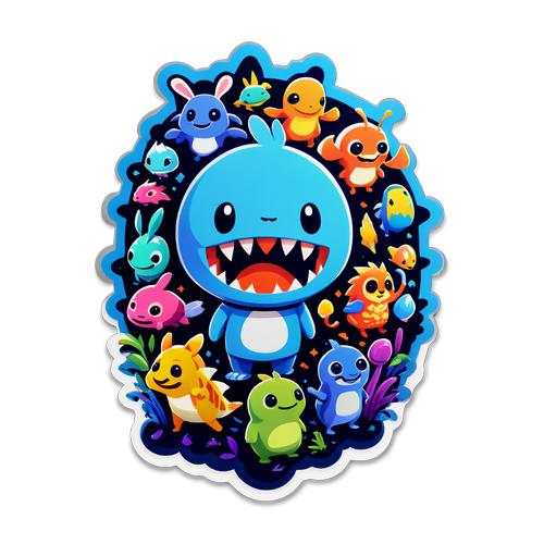 Autocollant Palworld: Personnage de jeu entouré de créatures colorées