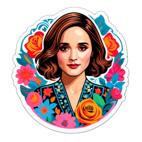 Illustration stylisée de Rose Byrne avec des fleurs colorées