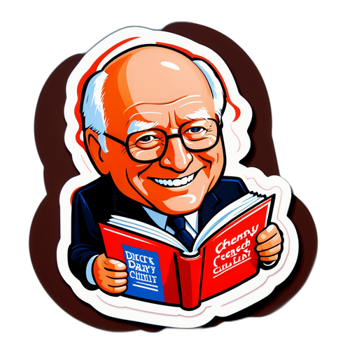 Een sticker met een cartoon van Dick Cheney die glimlacht terwijl hij politieke boeken leest