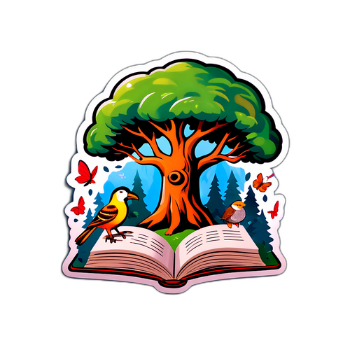 Kniha s otvírajícími se stránkami, ze kterých vycházejí zvířata a stromy, s nápisem 'Fantasy'