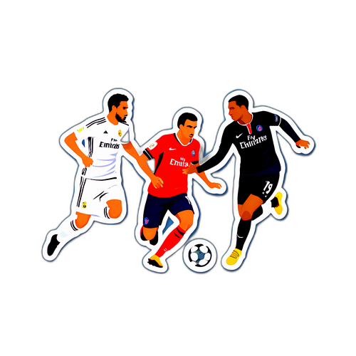 Scenă cu jucători de la Real Madrid și PSG angajați într-un duel