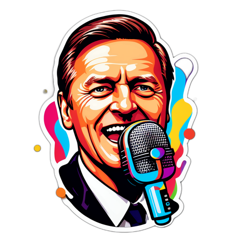 En klistermärke av Noel Törnqvist med mikrofon