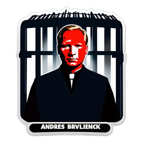 Design a sticker with the silhouette of Anders Breivik behind bars, emphasizing a message against violence, with bold lettering.