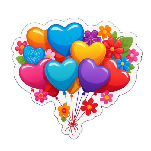 สติกเกอร์วันวาเลนไทน์: ลูกโป่งหัวใจและดอกไม้หลากสี