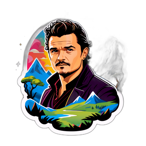 Sticker cu Orlando Bloom într-un peisaj de film, simboluri ale aventurii și fantaziei
