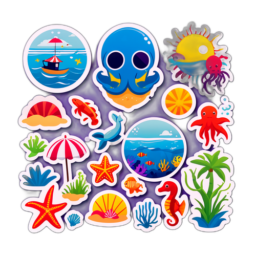 해변과 해양 생물 스티커