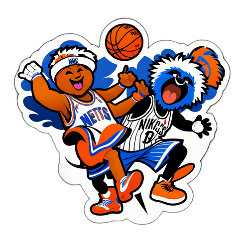 Autocollant des Knicks et des Nets avec des mascottes hilarantes dansant sur le terrain