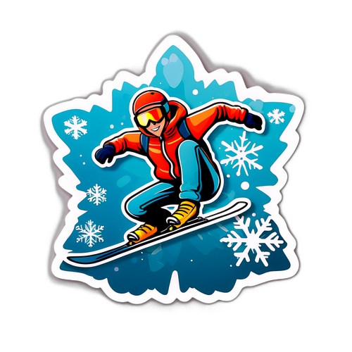 Ein Aufkleber mit einem stilisierten Schneeflocken-Design und einem Freestyle-Skifahrer