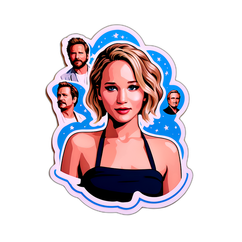 Aufkleber von Jennifer Lawrence in humorvoller Pose, umgeben von Filmstars