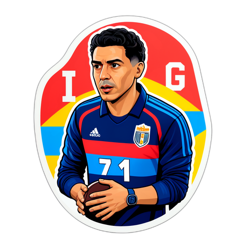 Un sticker que muestra a Jorge Almirón dando instrucciones en la línea de banda, destacando su liderazgo en el fútbol.