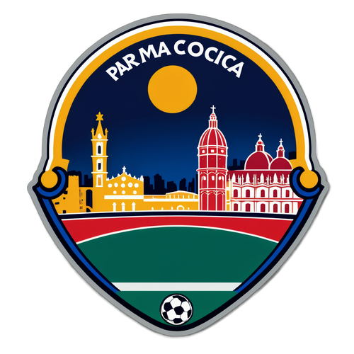 Sticker Vibrante: Logo del Parma Calcio con Skyline di Genova e Elementi di Calcio!