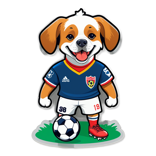 Divertido sticker de perro con camiseta de fútbol