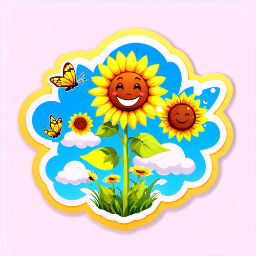 微笑向日葵与飞舞的蝴蝶和蜜蜂