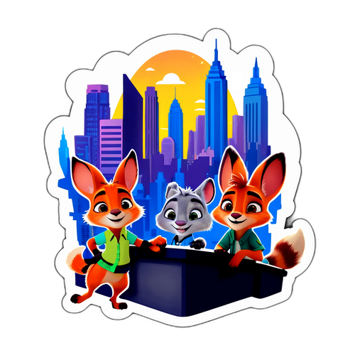 Stiker Zootopia 2 yang Comel dengan Karakter Utama dan Latar Belakang Pemandangan Bandar