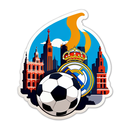 Stiker Ikonik Skyline Madrid dengan Bola Sepak Real Madrid vs Sevilla