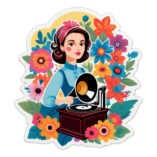 Nálepka Heleny Vondráčkové s květinami a retro gramofonem