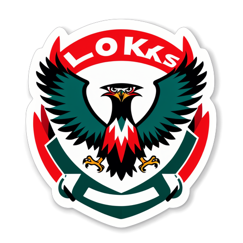 Sticker z logo ŁKS Łódź stylizowanym na stadionie z elementami odnoszącymi się do meczu z Legią Warszawa