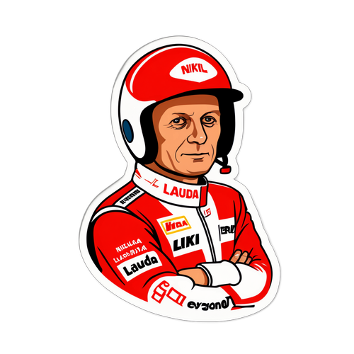 Ein stylisierter Aufkleber von Niki Lauda in einem Rennanzug