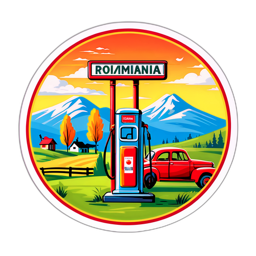 Peisaj rural din România cu pompă de benzină