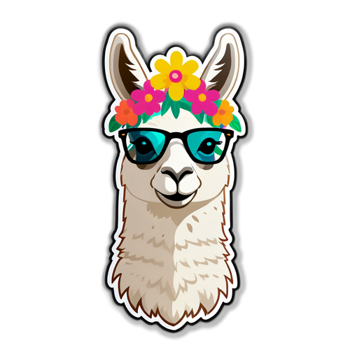Playful Llama with Flower Crown and Sunglasses Sticker
