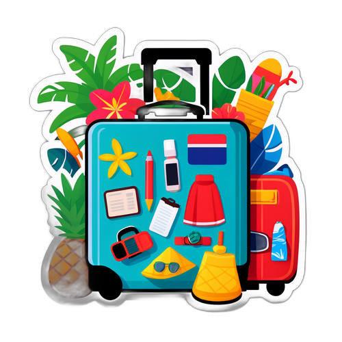 ハワイ旅行の必需品が詰まったトロリーケースのイラスト