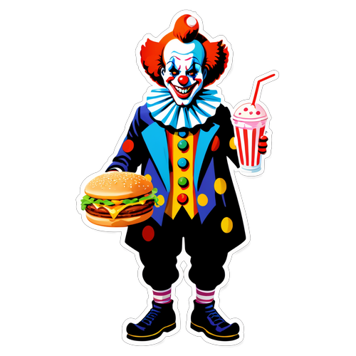 Glad clown med hamburgare och milkshake