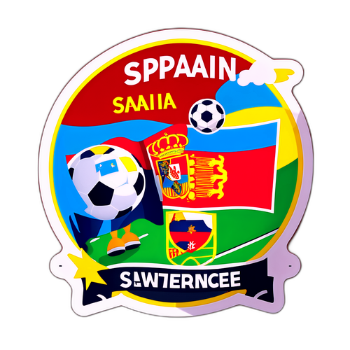 Sticker van een sportevenement met een groot scherm en de aanwezigheid van de wedstrijd Spanje - Zwitserland