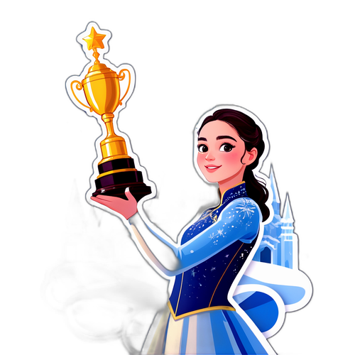 Стикер с Евгенией Медведевой, держащей трофей, на фоне ледяного дворца