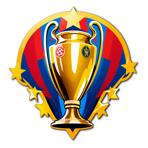 Ein künstlerisches Champions-League-Logo mit glänzenden Pokalen und jubelnden Fans