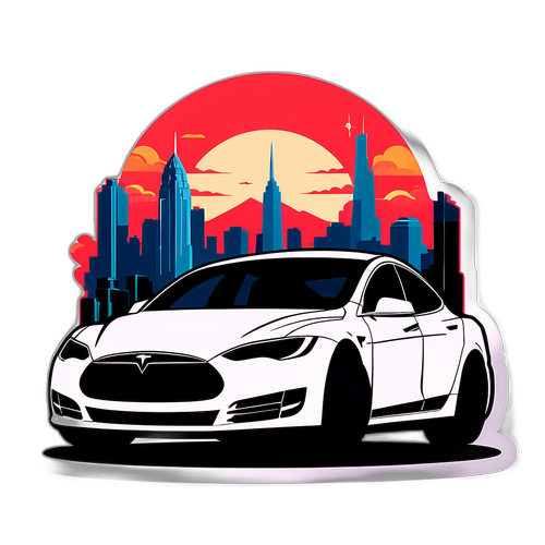Stylisierte Skyline mit einem Tesla-Auto