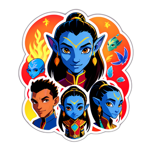 Яркая наклейка с персонажами из шоу Аватар в комикс-стиле с элементами фэнтези