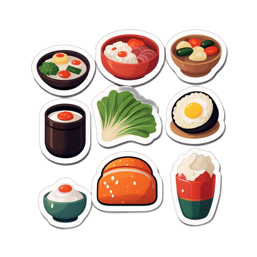전통 한국 음식의 주요 재료를 담은 귀여운 스티커