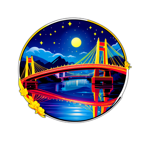 Design d'un autocollant du Pont Hongqi la nuit, illuminé par des lumières scintillantes