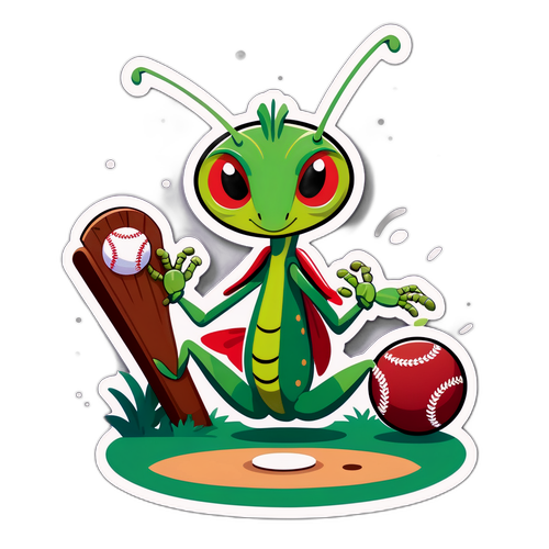 ミニチュア野球場で遊ぶユーモラスなカマキリキャラクター