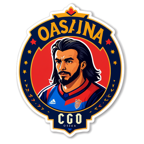 Diseño de etiqueta representando una camiseta de Osasuna con los colores del equipo y la frase 'Pasión por Osasuna' en estilo retro