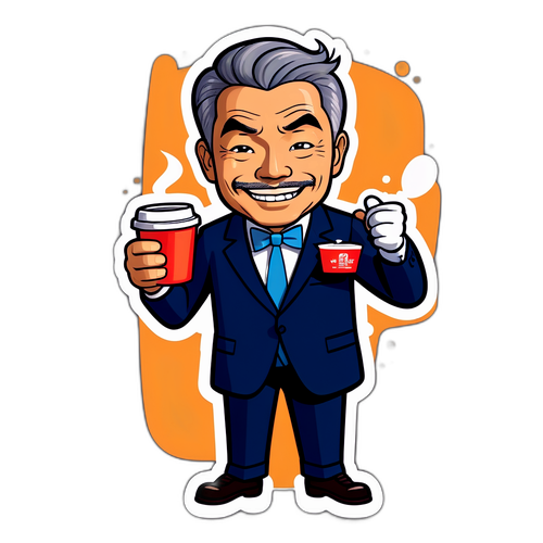 コメディーイラストデザインのタマガワさんがコーヒーを持つ