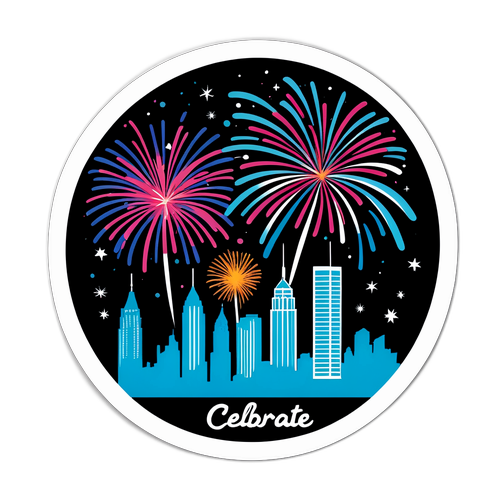 Eksplosiv klistremerke av fyrverkeri med nattebylandsilhuett