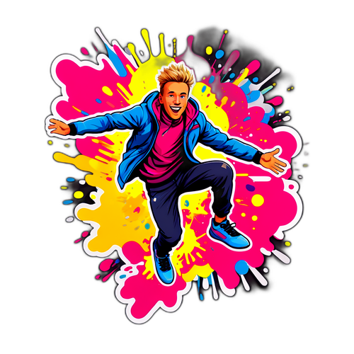 Design av klistremerke av Marius Lindvik i midten av et hopp