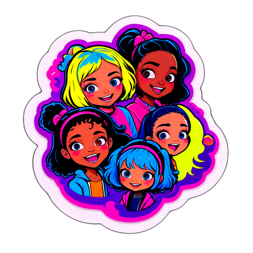 एक मनमोहक स्टिकर जो उत्साही रंगीन पात्रों का चित्रण करता है