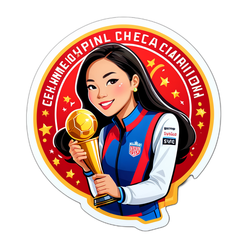 アイリーン・グーがチャンピオンシップトロフィーを持つデザイン