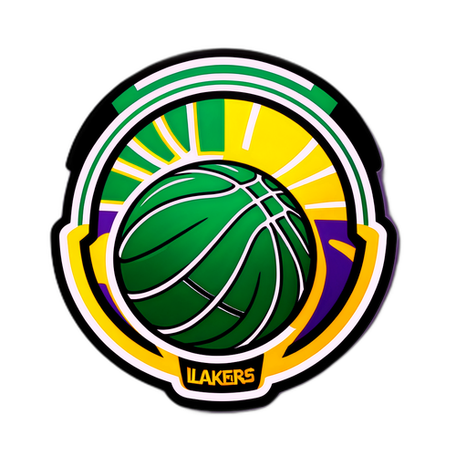 Sticker de un famoso juego de baloncesto entre los Celtics y Lakers con un balón de baloncesto brillante