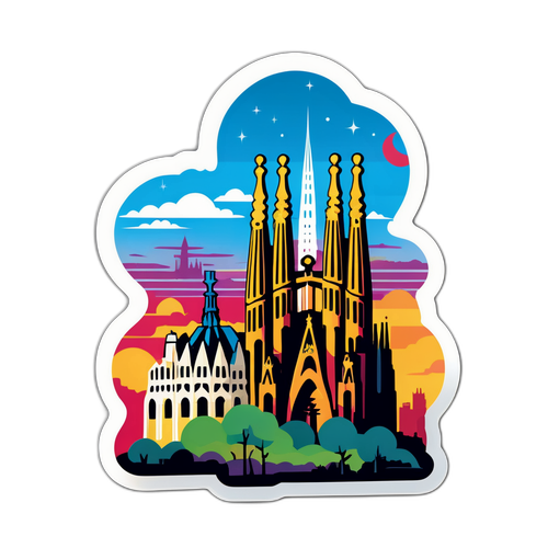 Sticker van de skyline van Barcelona met de Sagrada Família