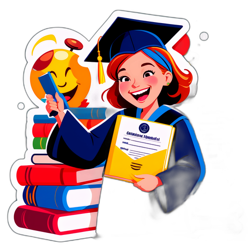 Een cartoon van Annelies die lacht en haar diploma vasthoudt